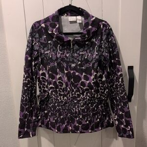 Chico's Purple and Black Patterned Rain Jacket w/ Adjustable Waist Buckles, Sz 2